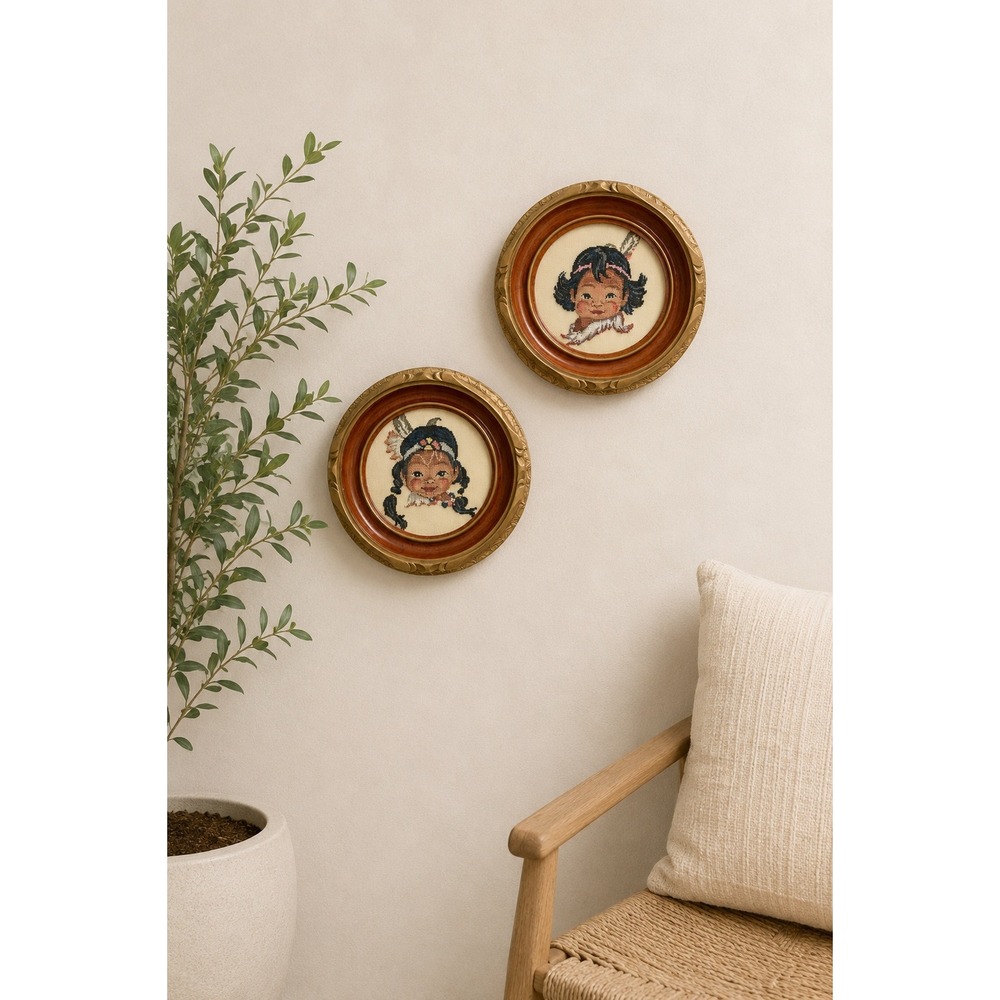 Vintage Aboriginal Indigenous Children Petit Point Needlepoint Framed Art Pair